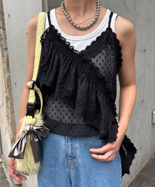 CIAOPANIC TYPY(チャオパニックティピー)の「H.Sアシメフリルドットレースキャミ(タンクトップ・レディース・サックスブルー/ブラック/オフホワイト・ONE)」の3枚目の写真