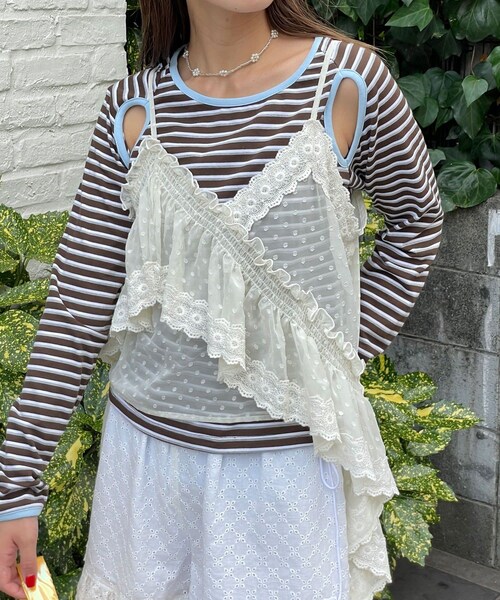 CIAOPANIC（チャオパニック）の「【HELLO.SANFRANCISCO/ハローサンフランシスコ】アシメフリルドットレースキャミ（タンクトップ・レディース・ブラック/オフホワイト/サックスブルー・ONE）」の2枚目の写真