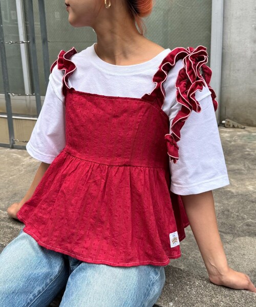 CIAOPANIC TYPY(チャオパニックティピー)の「H.Sドビードットフリルキャミビスチェ(タンクトップ・レディース・レッド/ブラック/オレンジ・ONE)」の1枚目の写真