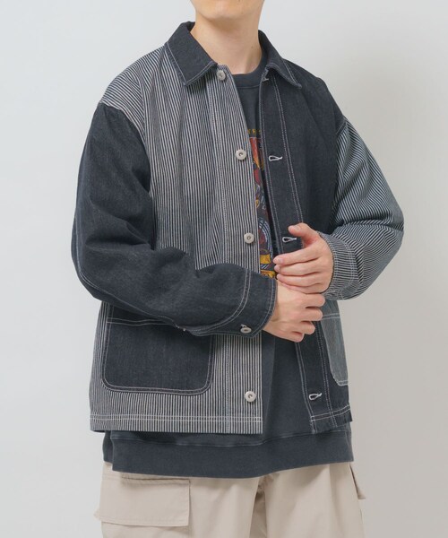 ITEMS URBANRESEARCH（アイテムズ アーバンリサーチ）の「ヒッコリー×デニム切替ワークジャケット（デニムジャケット・メンズ・BLK/NVY・M/L）」の4枚目の写真