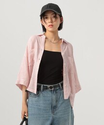 BAYFLOW（ベイフロー）の「[チクチクしない♪柔らかな肌当たり]リネンクロップド半袖シャツ（トップス）」