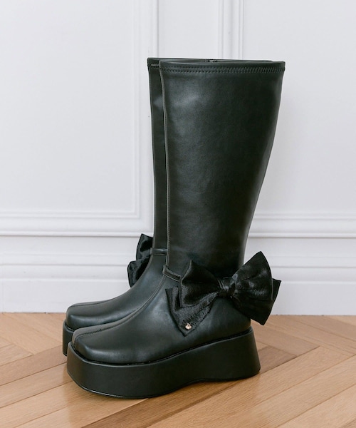 OLIVE des OLIVE(オリーブデオリーブ)の「【Belle Charme】リボン付きスクエアロングブーツ(ブーツ・レディース・ブラウン/ブラック・S/L/M)」の2枚目の写真