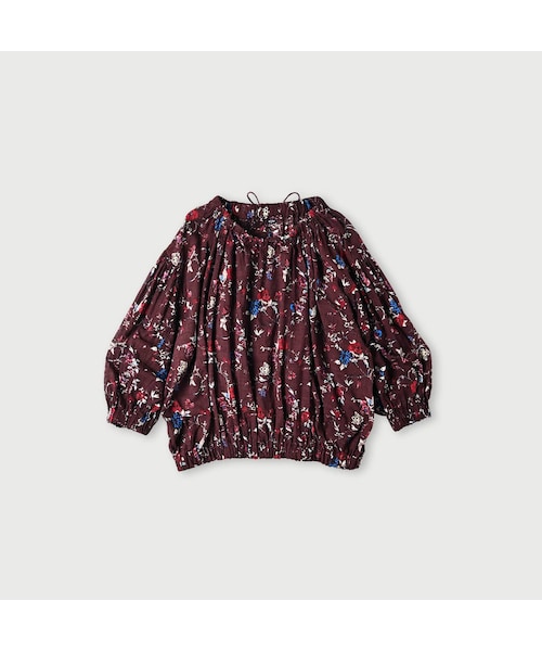 45ガーゼアンティークフラワープリントのシャーリングブラウス