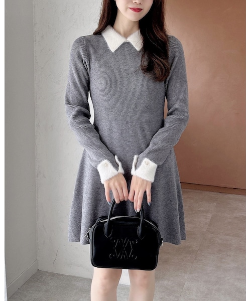 INGNI(イング)の「【新作早割】【WEB限定】襟フェザーリブニットワンピース(ワンピース/ドレス・レディース・グレー/オフホワイト/クロ/オフホワイト/ピンク/オフホワイト・M)」の4枚目の写真