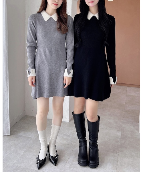 INGNI(イング)の「【新作早割】【WEB限定】襟フェザーリブニットワンピース(ワンピース/ドレス・レディース・グレー/オフホワイト/クロ/オフホワイト/ピンク/オフホワイト・M)」の10枚目の写真