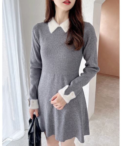 INGNI(イング)の「【新作早割】【WEB限定】襟フェザーリブニットワンピース(ワンピース/ドレス・レディース・グレー/オフホワイト/クロ/オフホワイト/ピンク/オフホワイト・M)」の11枚目の写真