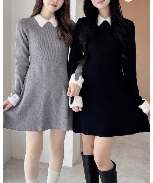 INGNI(イング)の「【新作早割】【WEB限定】襟フェザーリブニットワンピース(ワンピース/ドレス・レディース・グレー/オフホワイト/クロ/オフホワイト/ピンク/オフホワイト・M)」の9枚目の写真