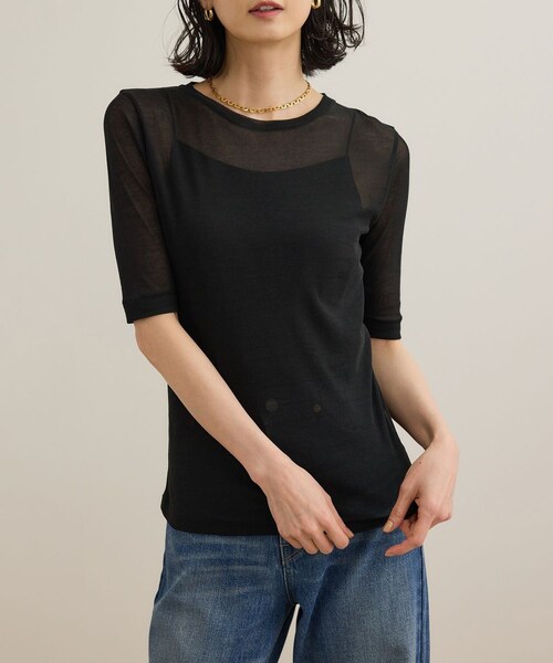 ROPE'(ロペ)の「シアーフライス5分袖プルオーバー(Tシャツ/カットソー・レディース・ブラック/ホワイト・F)」の10枚目の写真