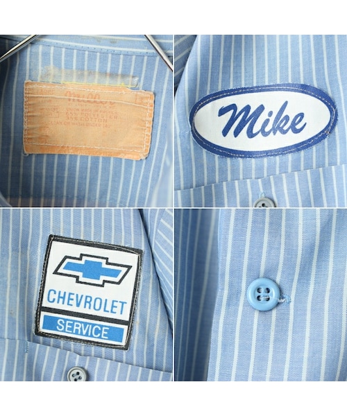 --（--）の「70s 80s USA製 Miller CHEVROLET ワッペン ストライプワークシャツ ライトブルー メンズL 半袖 アメリカ古着（シャツ/ブラウス・レディース・ブルー・L）」の2枚目の写真