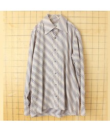 70s 80s USA Bill Blass 総柄ライトフランネルシャツ ネイビー ベージュ メンズL 長袖 アメリカ古着