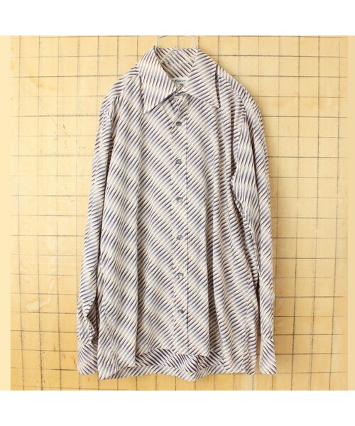 --(--)の「70s 80s USA Bill Blass 総柄ライトフランネルシャツ ネイビー ベージュ メンズL 長袖 アメリカ古着(シャツ/ブラウス・レディース・ブルー・L)」の1枚目の写真