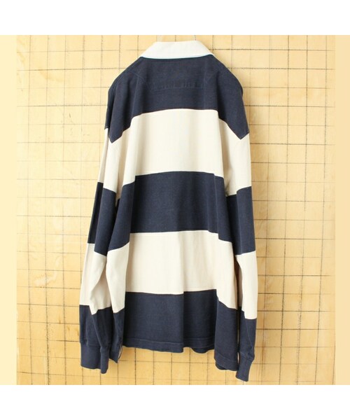 --（--）の「USA LLBean ボーダー長袖ラガーシャツ メンズL ネイビー ホワイト コットン アメリカ古着（シャツ/ブラウス・レディース・ブルー・L）」の3枚目の写真