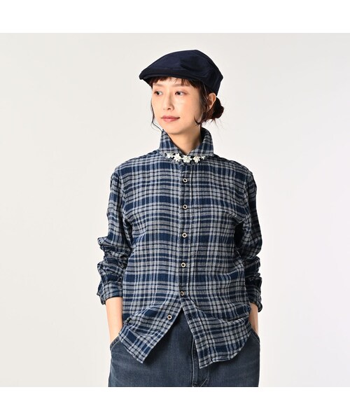45R（フォーティファイブアール）の「ふわふわ二重織の908ローファーシャツ（インディゴ）（その他・レディース・75-タータンチェック・02-S/03-M/04-L）」の5枚目の写真