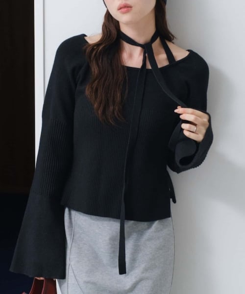 Kastane(カスタネ)の「【WEB・一部店舗限定】ボウタイ配色リブニット(ニット/セーター・レディース・アイボリー/グレー/ブラック/レッド・F)」の2枚目の写真