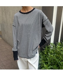 copine | 袖リブボーダープルオーバー(ブラック)(Tシャツ/カットソー)