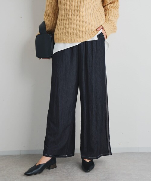 《楽な履き心地》シャイニーデニムワイドパンツ