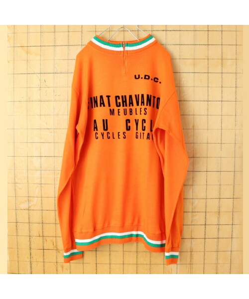 70s 80s FRANCE Crylor 長袖サイクリングジャージ シャツ プルオーバー オレンジ メンズM相当 ニット ヨーロッパ古着