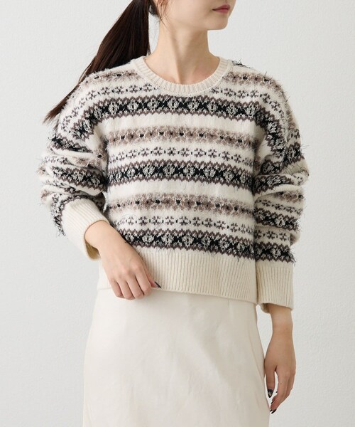 russet(ラシット)の「フェアアイルクロップドニット(ニット/セーター・レディース・ベージュ/ネイビー・F)」の1枚目の写真