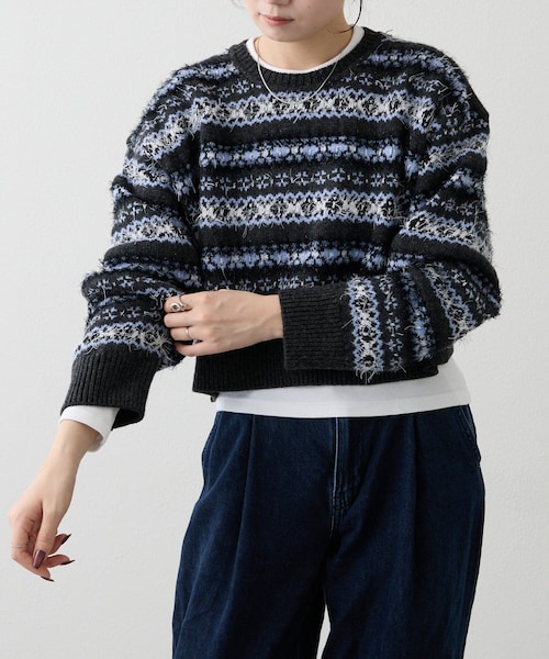 russet(ラシット)の「フェアアイルクロップドニット(ニット/セーター・レディース・ベージュ/ネイビー・F)」の2枚目の写真