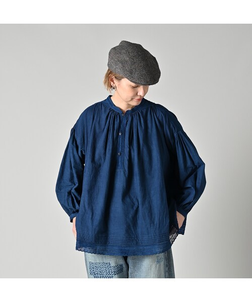 45R（フォーティファイブアール）の「インドカディレース×タックのスモックブラウス（藍）（その他・レディース・72-藍 重/73-藍・00-フリー）」の9枚目の写真