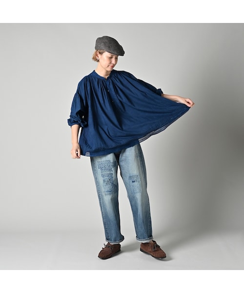 45R（フォーティファイブアール）の「インドカディレース×タックのスモックブラウス（藍）（その他・レディース・72-藍 重/73-藍・00-フリー）」の5枚目の写真