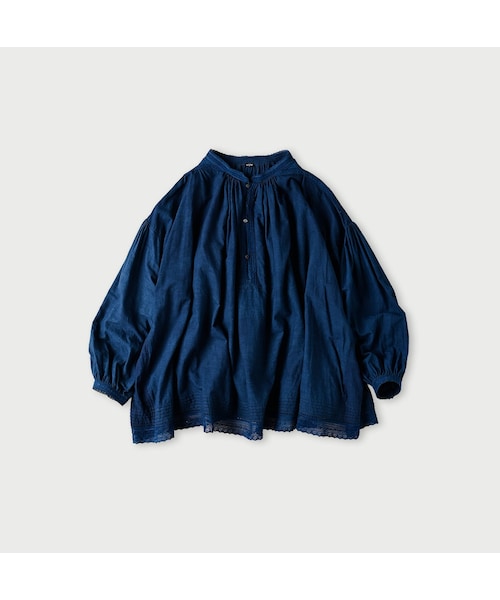 45R（フォーティファイブアール）の「インドカディレース×タックのスモックブラウス（藍）（その他・レディース・72-藍 重/73-藍・00-フリー）」の2枚目の写真