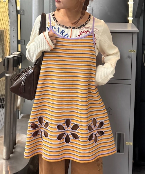 CIAOPANIC TYPY（チャオパニックティピー）の「★【HELLO.SANFRANCISCO/ハローサンフランシスコ】ボーダーフラワーカットキャミチュニック（チュニック・レディース・グリーン/イエロー/レッド・ONE）」の2枚目の写真