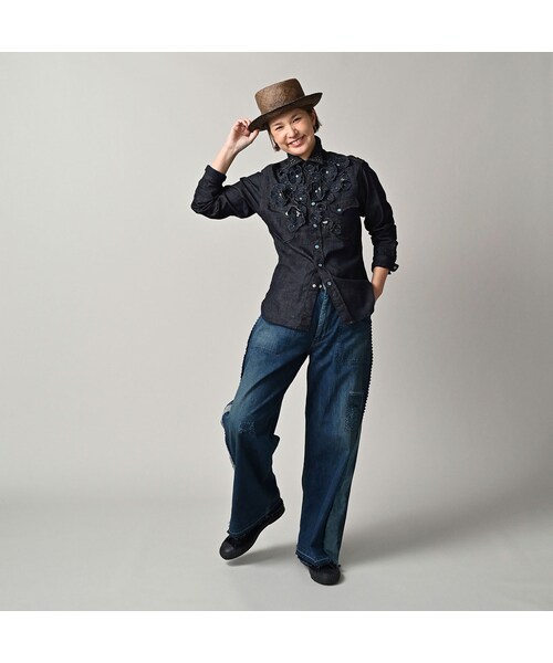 45R（フォーティファイブアール）の「45プチデニムのイースタンシャツ 遖加工（フルール・濃）（その他・レディース・79-インディゴ 濃・02-M/03-L/04-XL）」の3枚目の写真