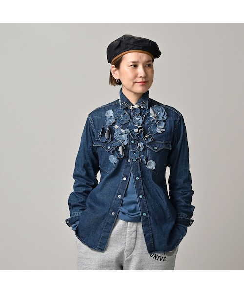 45R（フォーティファイブアール）の「45プチデニムのイースタンシャツ 遖加工（フルール・重）（その他・レディース・77-インディゴ 重/87-インディゴ 重 バンダナ柄・02-M/03-L/04-XL）」の5枚目の写真