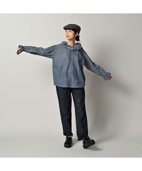 45R インドカディダンガリーのフリルカラーブラウス（藍） 45R（フォーティファイブアール）の「インドカディダンガリーのフリル