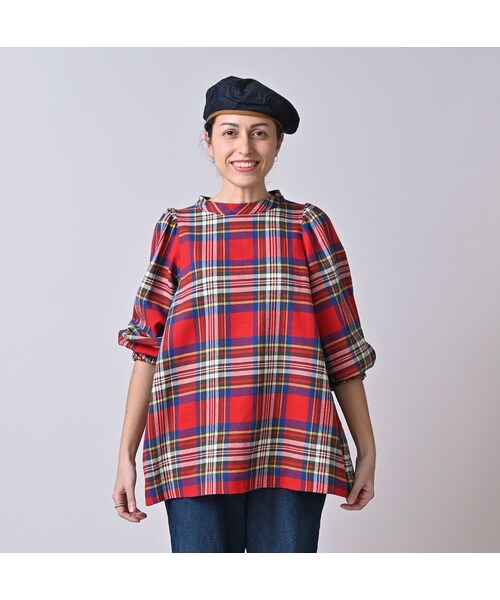 45R(フォーティファイブアール)の「インド二重織のぽよんパフブラウス(その他・レディース・43-ピンク/53-赤タータンチェック/72-サックス×ホワイト・00-フリー)」の6枚目の写真