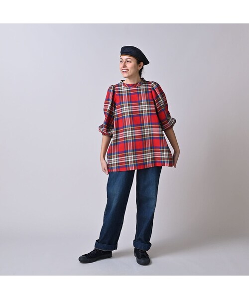 45R(フォーティファイブアール)の「インド二重織のぽよんパフブラウス(その他・レディース・43-ピンク/53-赤タータンチェック/72-サックス×ホワイト・00-フリー)」の5枚目の写真