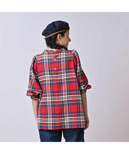 45R(フォーティファイブアール)の「インド二重織のぽよんパフブラウス(その他・レディース・43-ピンク/53-赤タータンチェック/72-サックス×ホワイト・00-フリー)」の8枚目の写真