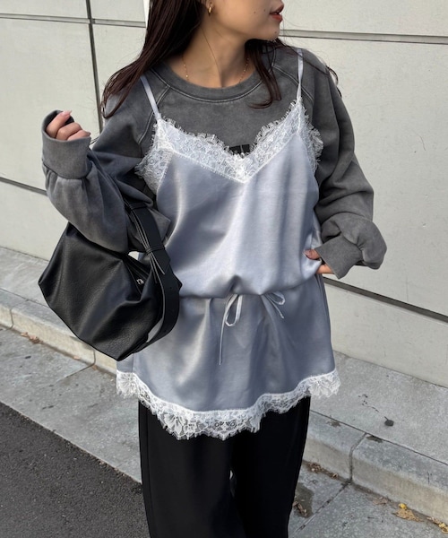 CIAOPANIC TYPY（チャオパニックティピー）の「サテンレースウエストドロストキャミチュニック（チュニック・レディース・ブラック/オフホワイト/サックスブルー・ONE）」の3枚目の写真