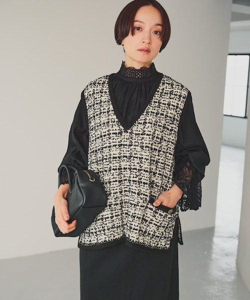 PUAL CE CIN（ピュアルセシン）の「ツィードライクニットベスト（トップス・レディース・ネイビー/アイボリー/その他1・FREE）」の3枚目の写真