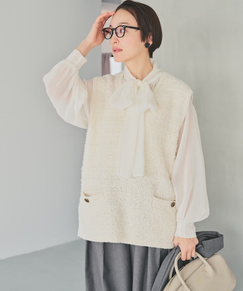 PUAL CE CIN（ピュアルセシン）の「ツィードライクニットベスト（トップス・レディース・ネイビー/アイボリー/その他1・FREE）」の2枚目の写真