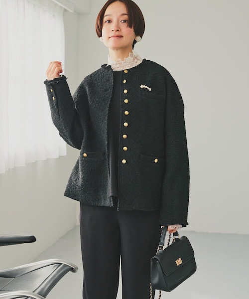 PUAL CE CIN（ピュアルセシン）の「アソートツィードノーカラージャケット（ノーカラージャケット・レディース・アイボリー/ブラック/その他1・FREE）」の2枚目の写真