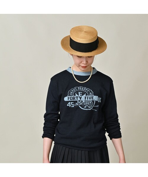 45R（フォーティファイブアール）の「ロゴジャカードの908クレリックＴシャツ（インディゴ）（トップス・レディース・74-インディゴ R45・01-XS/02-S/03-M/04-L）」の5枚目の写真