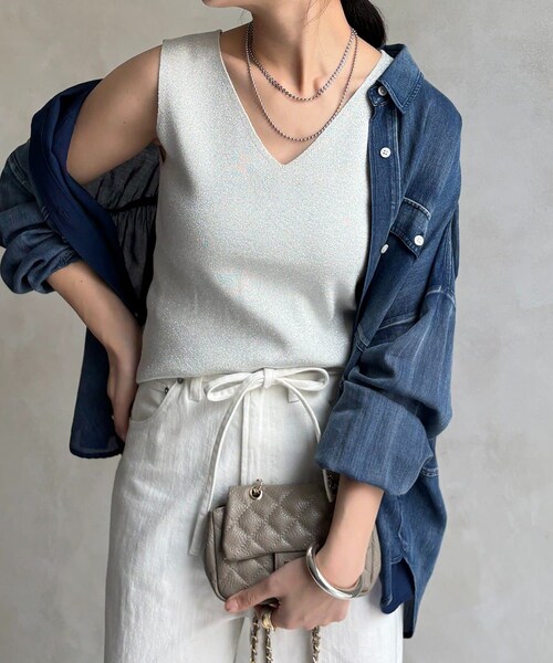 DouDou（ドゥドゥ）の「前後2WAYラメニットタンク（タンクトップ・レディース・グレー/ベージュ/ホワイト/ブラック/レモンイエロー・F）」の2枚目の写真