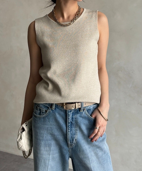 DouDou（ドゥドゥ）の「前後2WAYラメニットタンク（タンクトップ・レディース・グレー/ベージュ/ホワイト/ブラック/レモンイエロー・F）」の4枚目の写真