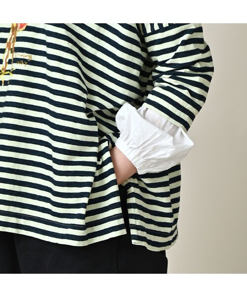 45R（フォーティファイブアール）の「ボーダー天竺フラミングウェイプリントのビッグスリットTシャツ（インディゴ）（トップス・レディース・73-インディゴ×生成・00-フリー）」の9枚目の写真