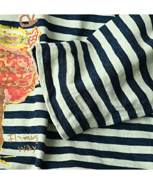 45R（フォーティファイブアール）の「ボーダー天竺フラミングウェイプリントのビッグスリットTシャツ（インディゴ）（トップス・レディース・73-インディゴ×生成・00-フリー）」の14枚目の写真