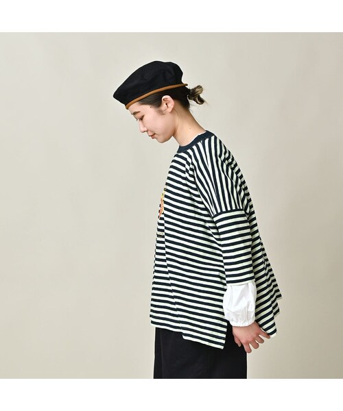 45R（フォーティファイブアール）の「ボーダー天竺フラミングウェイプリントのビッグスリットTシャツ（インディゴ）（トップス・レディース・73-インディゴ×生成・00-フリー）」の5枚目の写真