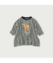 ボーダー天竺フラミングウェイプリントのビッグスリットTシャツ（インディゴ）