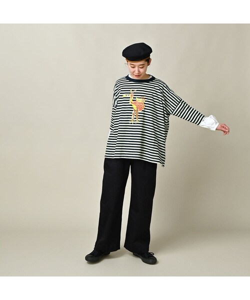 45R（フォーティファイブアール）の「ボーダー天竺フラミングウェイプリントのビッグスリットTシャツ（インディゴ）（トップス・レディース・73-インディゴ×生成・00-フリー）」の3枚目の写真