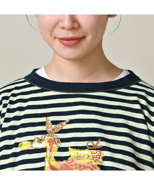 45R（フォーティファイブアール）の「ボーダー天竺フラミングウェイプリントのビッグスリットTシャツ（インディゴ）（トップス・レディース・73-インディゴ×生成・00-フリー）」の7枚目の写真
