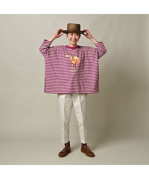 45R(フォーティファイブアール)の「ボーダー天竺フラミングウェイプリントのビッグスリットTシャツ(トップ)(トップス・レディース・23-グレートップ×アカ/63-グリーン×グレートップ・00-フリー)」の4枚目の写真