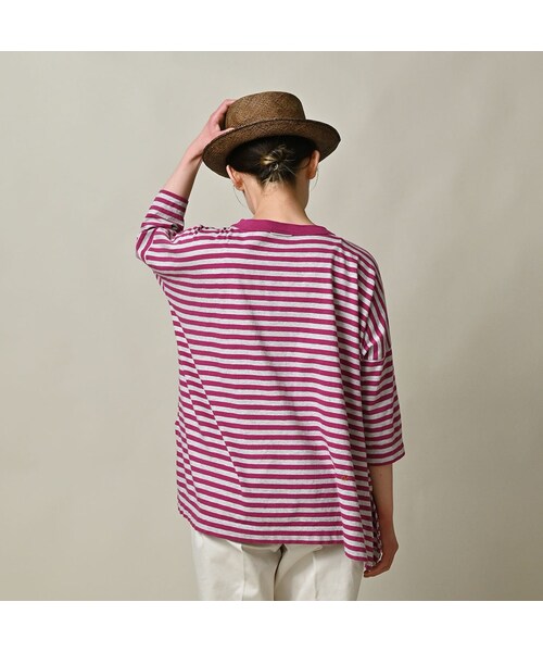 45R(フォーティファイブアール)の「ボーダー天竺フラミングウェイプリントのビッグスリットTシャツ(トップ)(トップス・レディース・23-グレートップ×アカ/63-グリーン×グレートップ・00-フリー)」の6枚目の写真