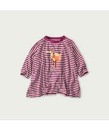 ボーダー天竺フラミングウェイプリントのビッグスリットTシャツ（トップ）