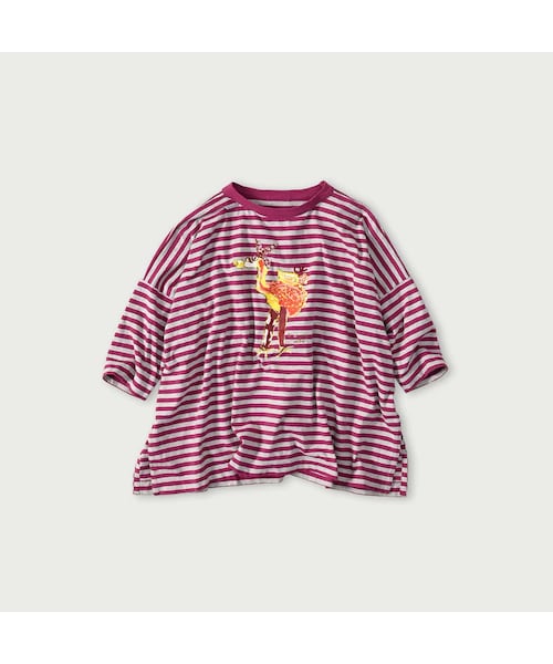 45R(フォーティファイブアール)の「ボーダー天竺フラミングウェイプリントのビッグスリットTシャツ(トップ)(トップス・レディース・23-グレートップ×アカ/63-グリーン×グレートップ・00-フリー)」の1枚目の写真